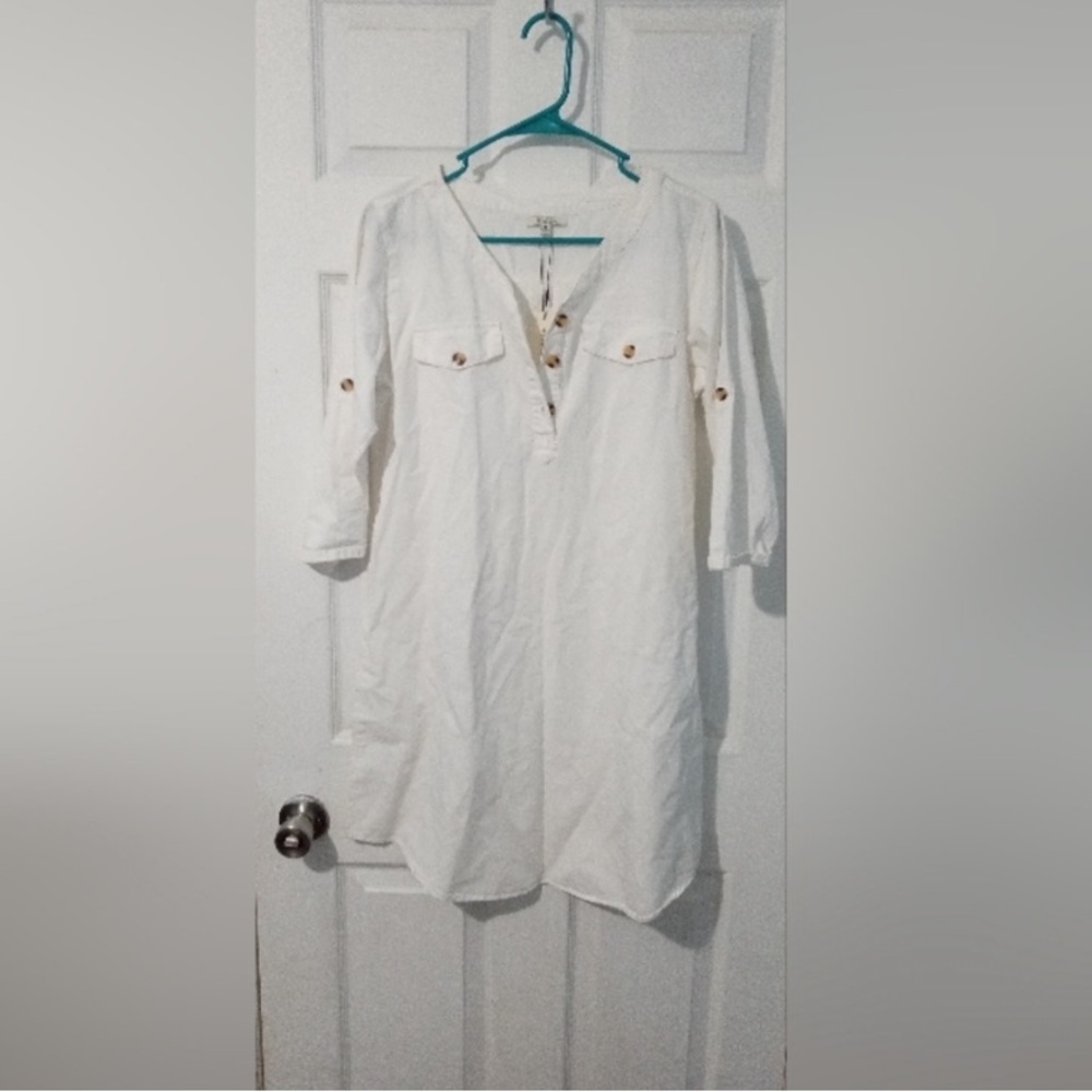 White V-Neck Mini Dress with Button Accents